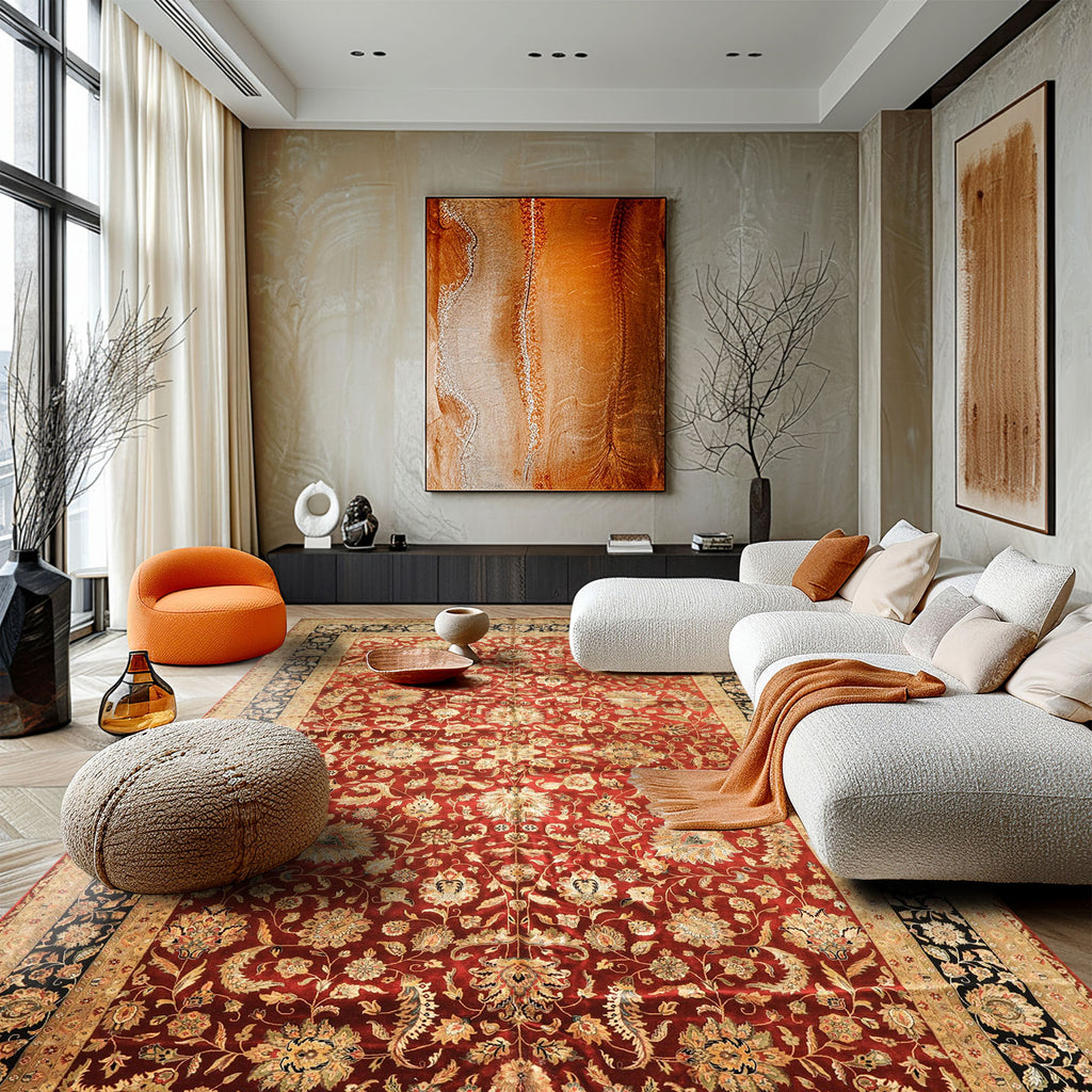 Palace Maroon, Black, Taupe Color Hand Knotted Agra New Zealand Wool & Silk Traditional Oriental Rug