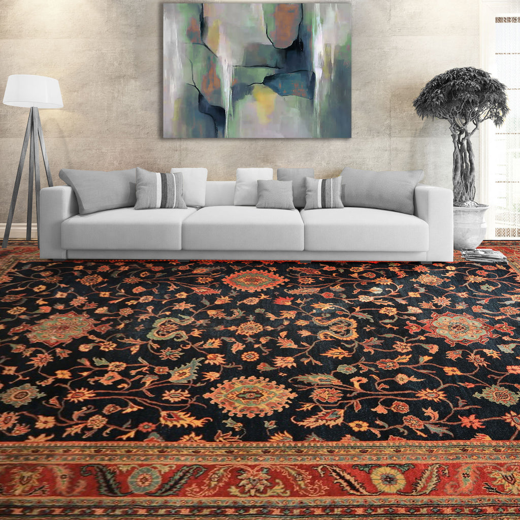 12x18 Navy, Rose, Turquoise Color Hand Knotted Indo Oushak Wool Traditional Oriental Rug
