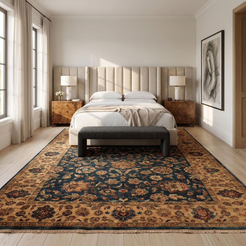 Palace Teal, Beige, Gold Color Hand Knotted Agra New Zealand Wool Traditional Oriental Rug