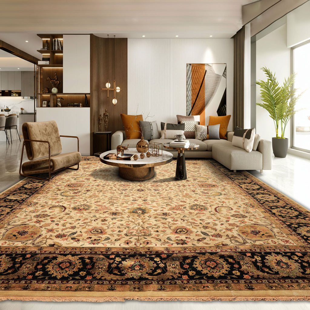 Palace Beige, Black, Maroon Color Hand Knotted Agra New Zealand Wool Traditional Oriental Rug