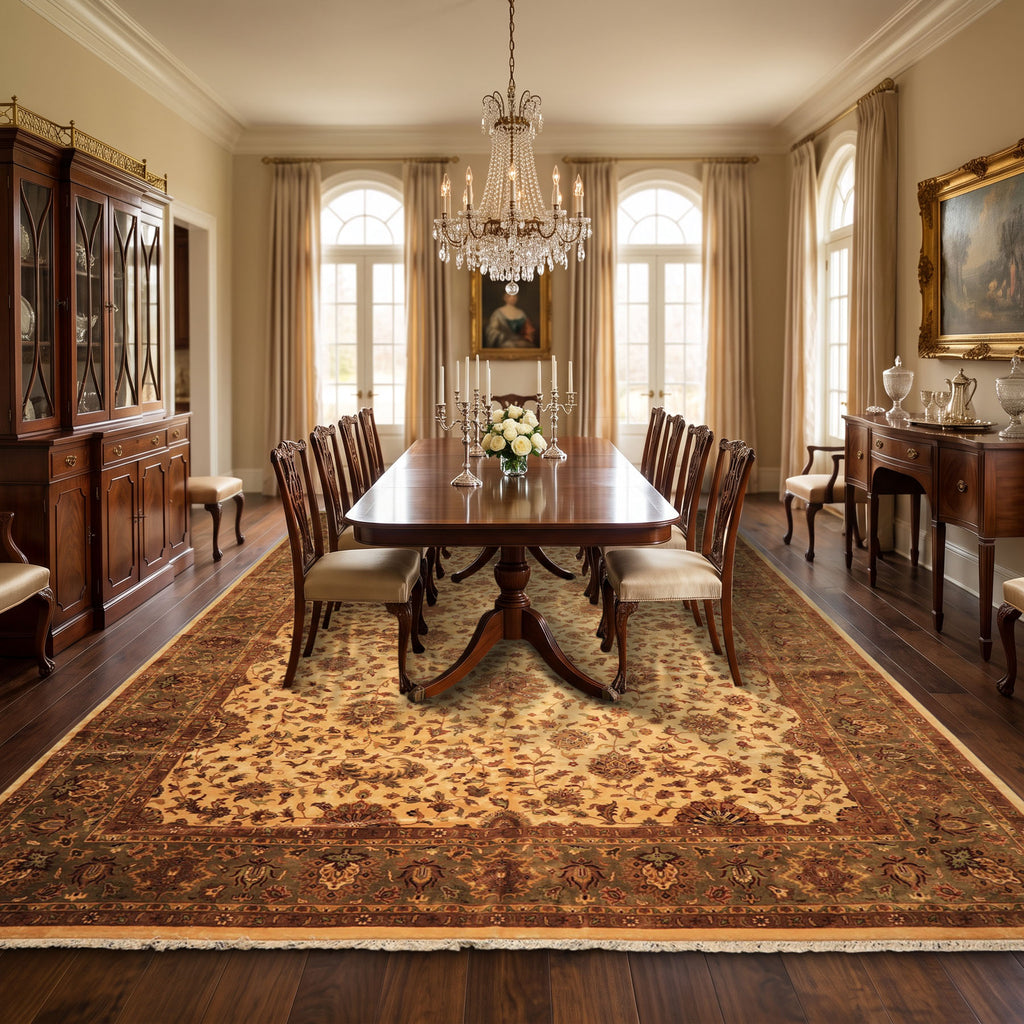 Palace Beige, Moss, Wine Color Hand Knotted Oushak Wool Transitional Oriental Rug