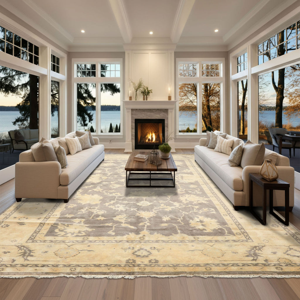 Palace Gray, Ivory, Light Gold Color Hand Knotted Oushak Wool Transitional Oriental Rug