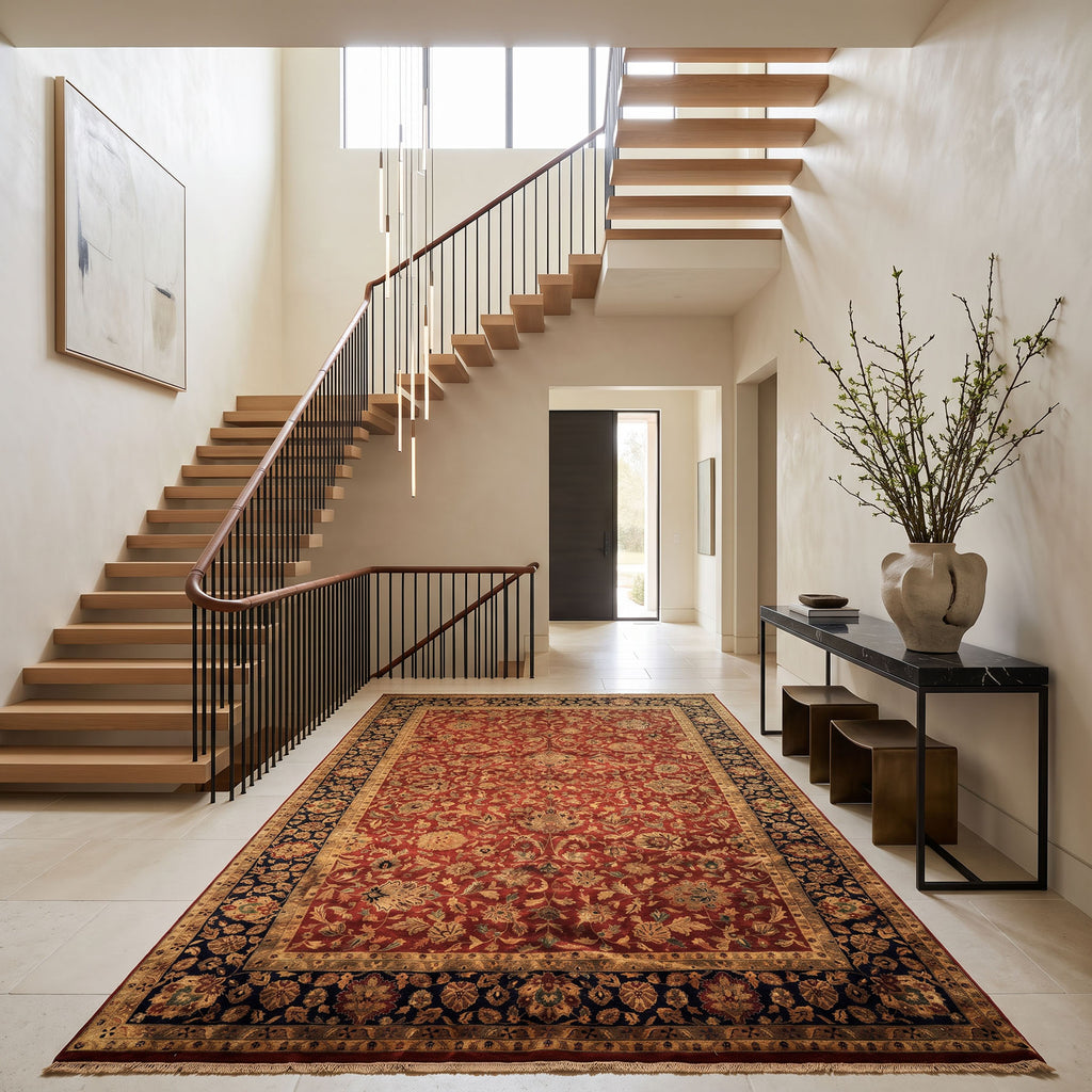 12x18 Burgundy, Black, Green Color Hand Knotted Agra New Zealand Wool Traditional Oriental Rug