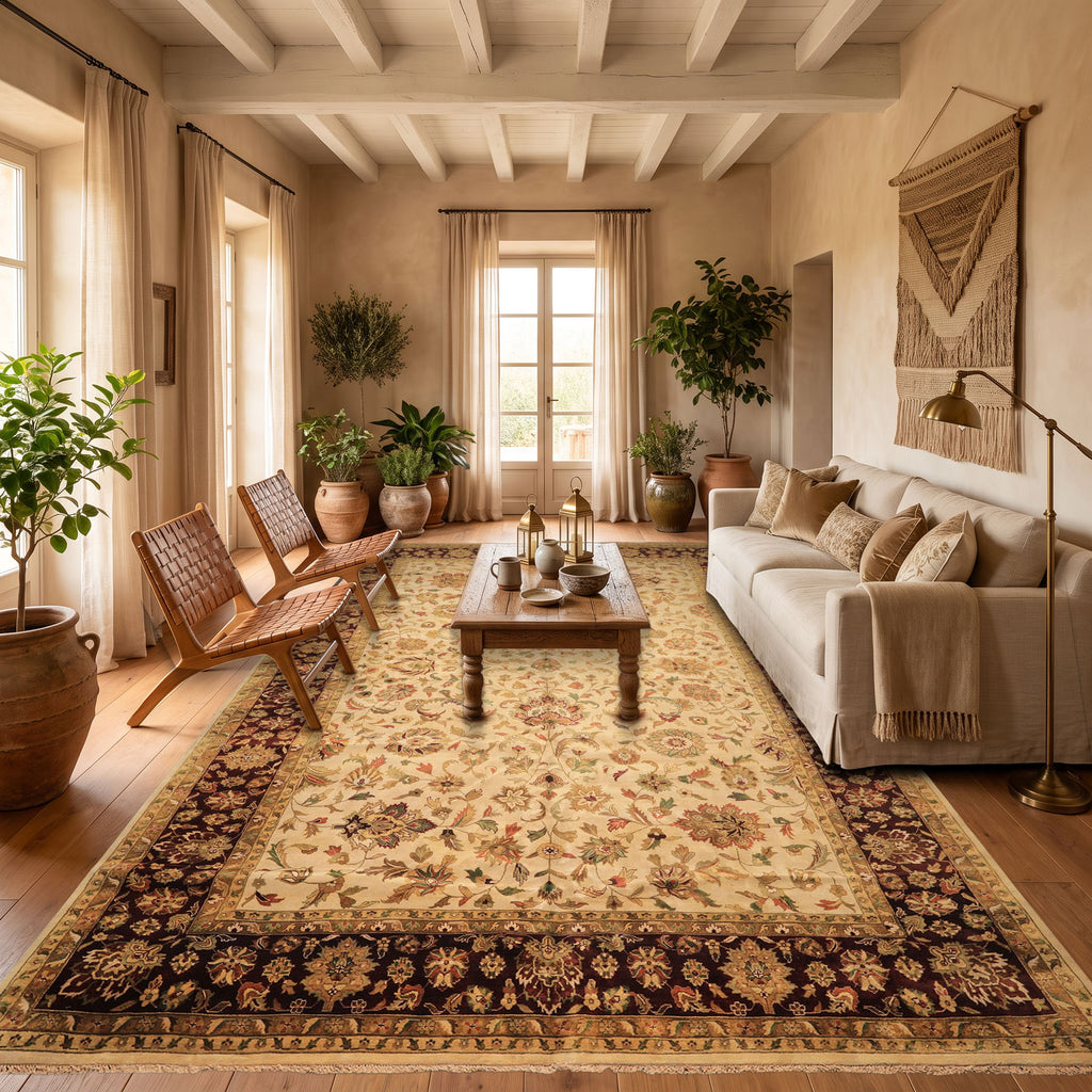 12x18 Beige, Maroon, Sage Color Hand Knotted Agra New Zealand Wool Traditional Oriental Rug