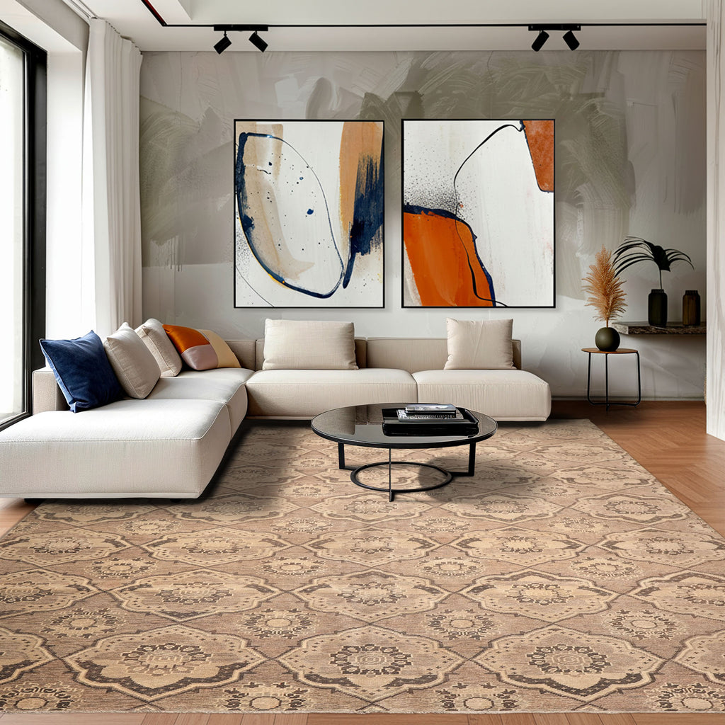 9x13 Taupe, Beige, Brown Color Hand Knotted Oushak Wool Transitional Oriental Rug