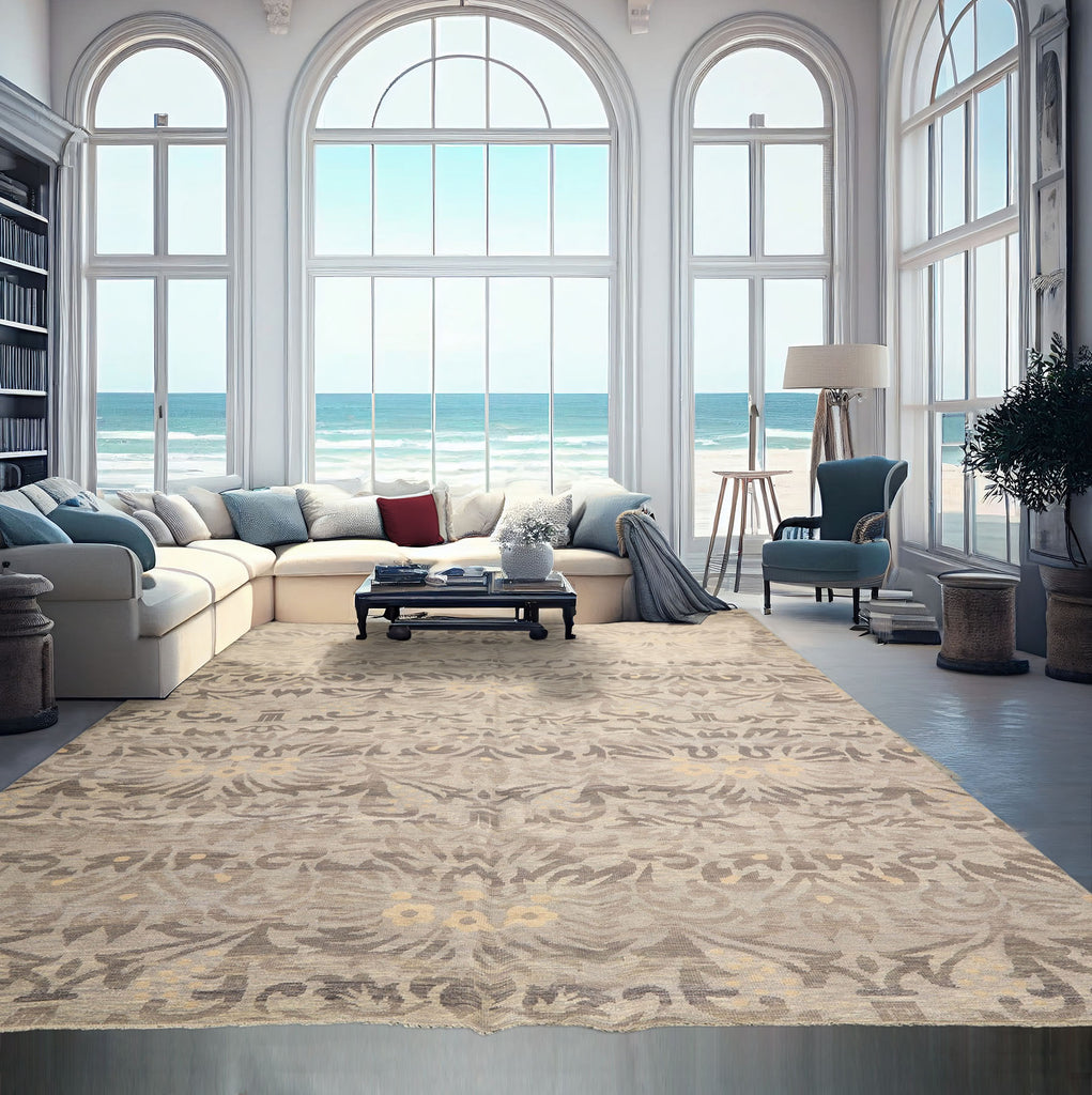 Multi Size Silver Beige Gray Color Hand Knotted Oushak Wool Transitional Oriental Rug