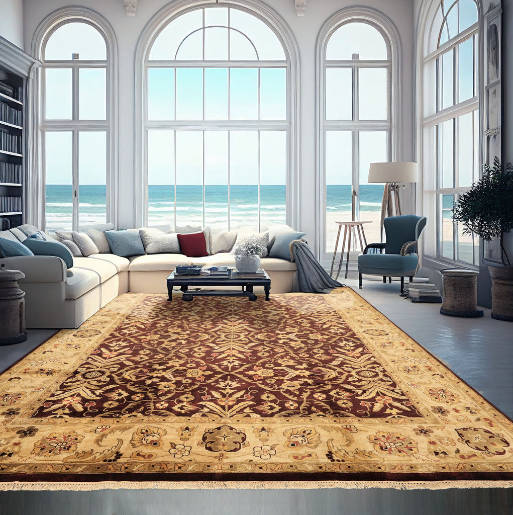 9x12 Maroon, Light Gold, Beige Color Hand Knotted Agra New Zealand Wool Traditional Oriental Rug
