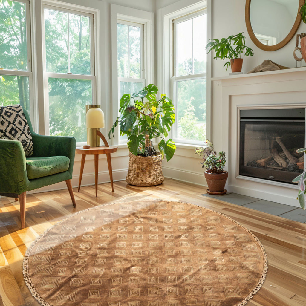 8' Round Camel, Celadon, Color Hand Knotted Tibetan New Zealand Wool Transitional Oriental Rug