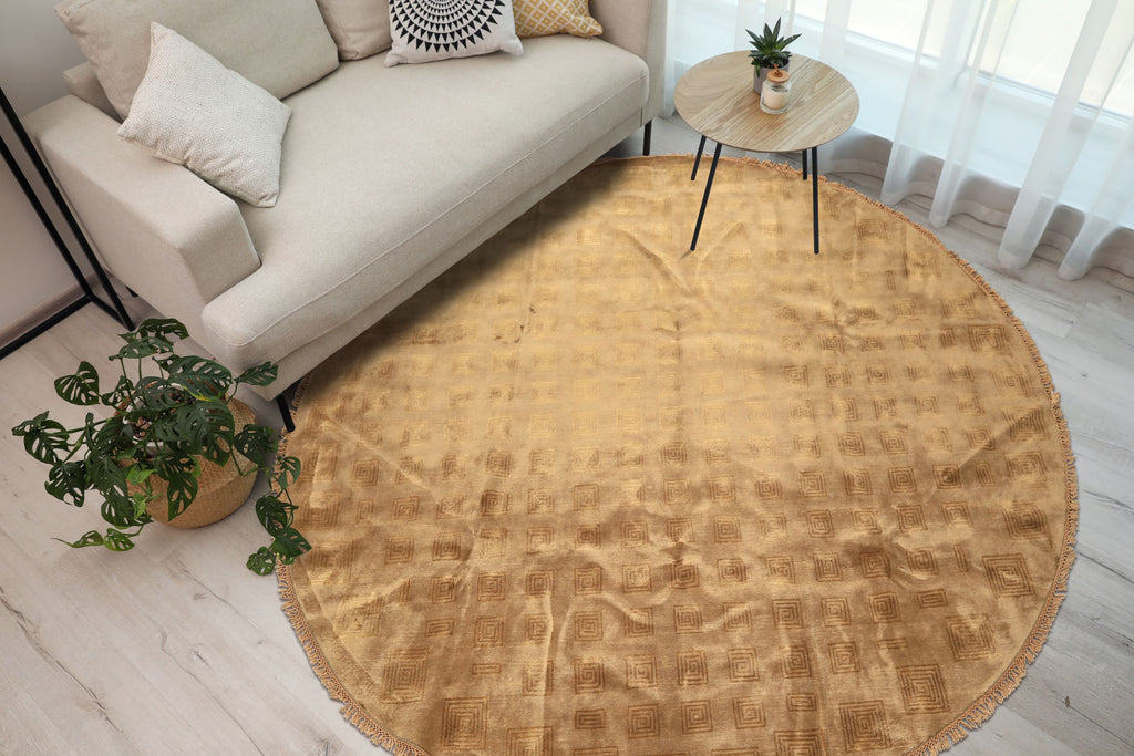 Round Tan, Gold, Color Hand Knotted Tibetan New Zealand Wool Transitional Oriental Rug