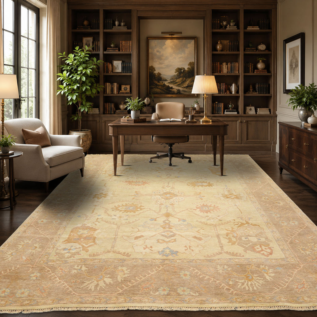 8x10 Ivory, Beige, Taupe Color Hand Knotted Oushak Wool Transitional Oriental Rug