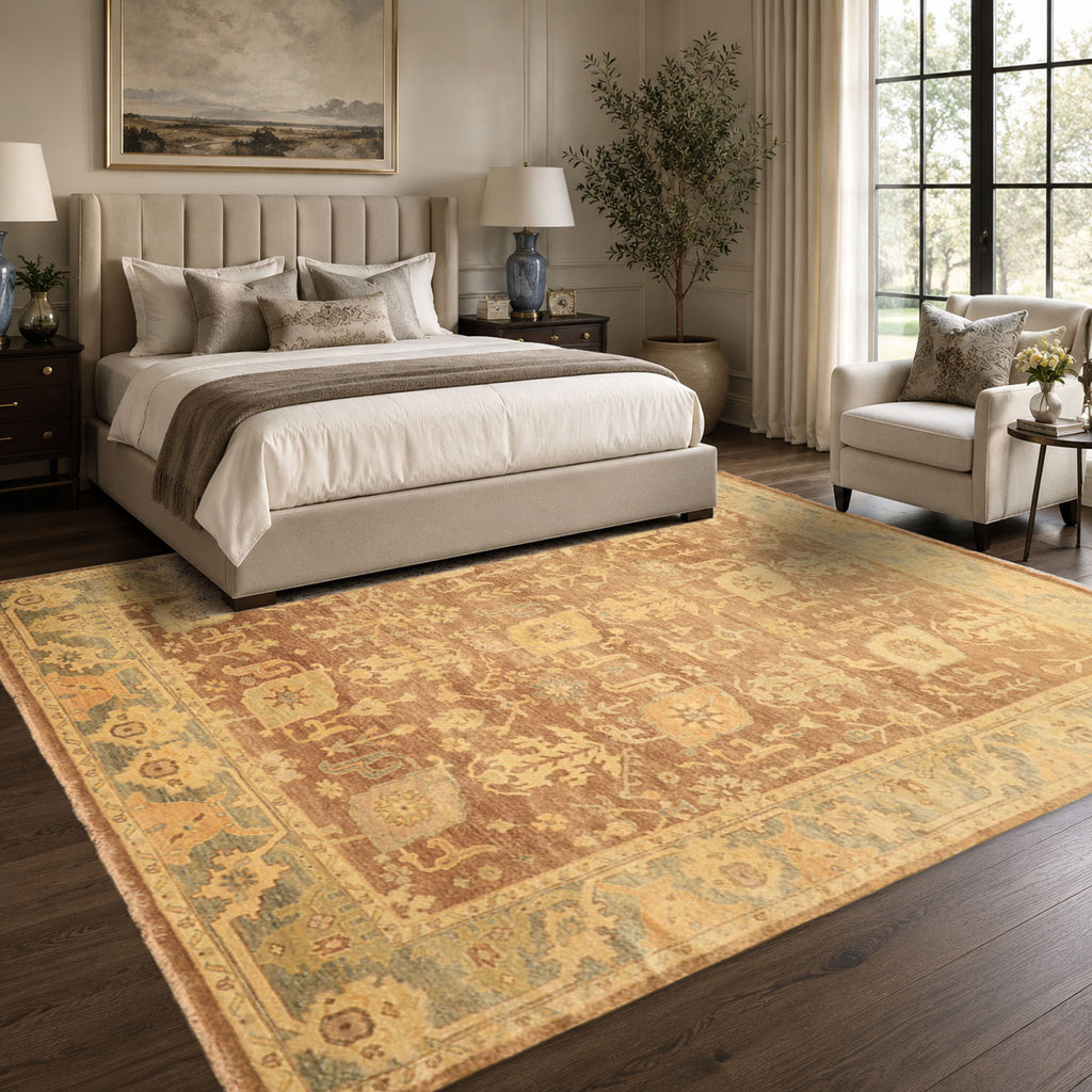 8x10 Brown, Gold, Slate Color Hand Knotted Oushak Wool Transitional Oriental Rug