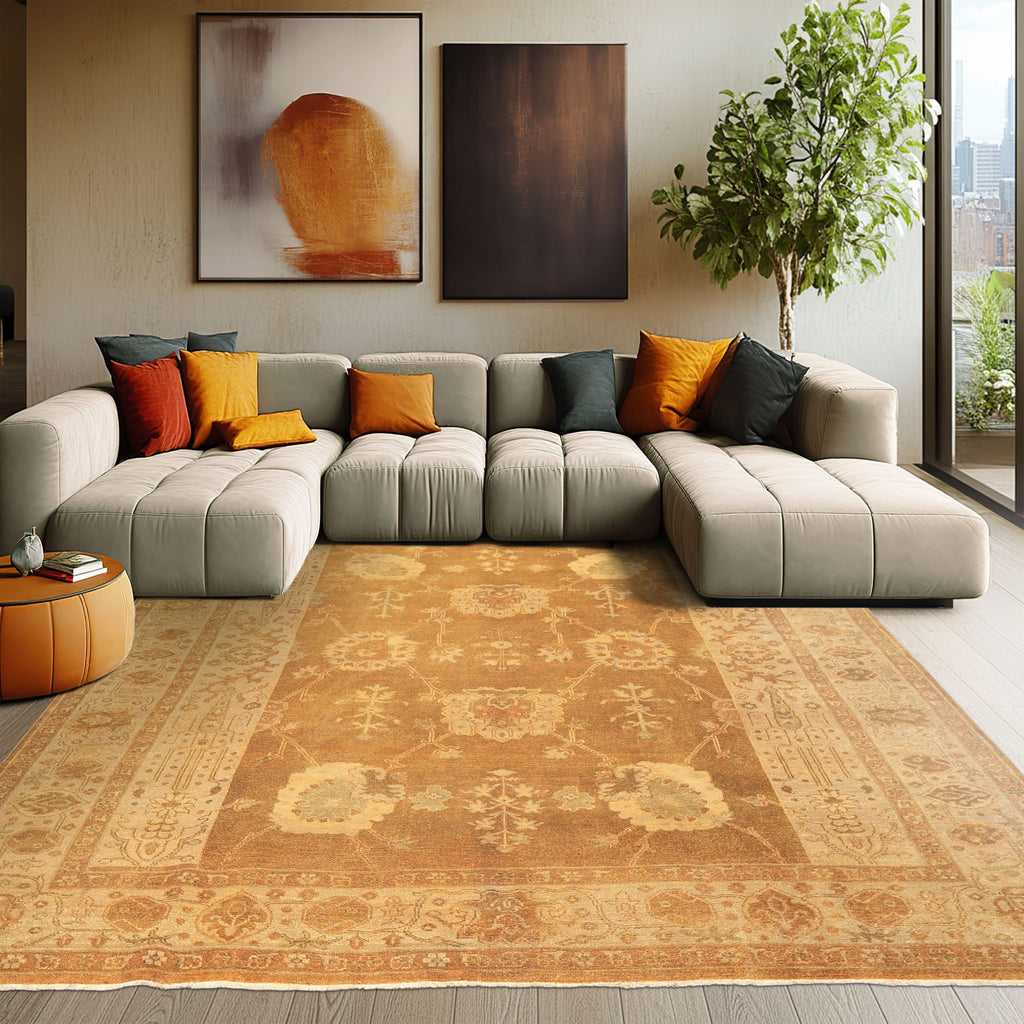 8x10 Antique Gold, Beige, Gray Color Hand Knotted Oushak Wool Transitional Oriental Rug