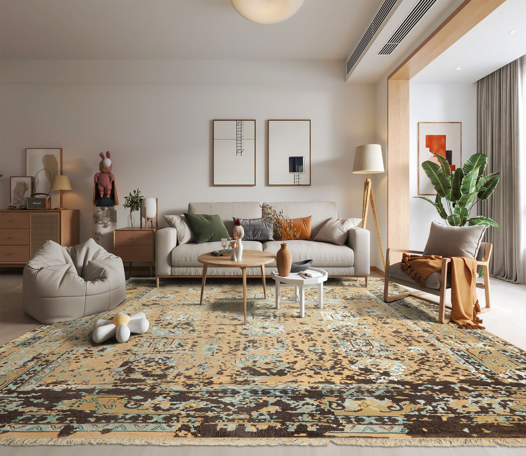 8x10 Beige, Moss, Chocolate Color Hand Knotted Oushak Wool & Bamboo Silk Transitional Oriental Rug