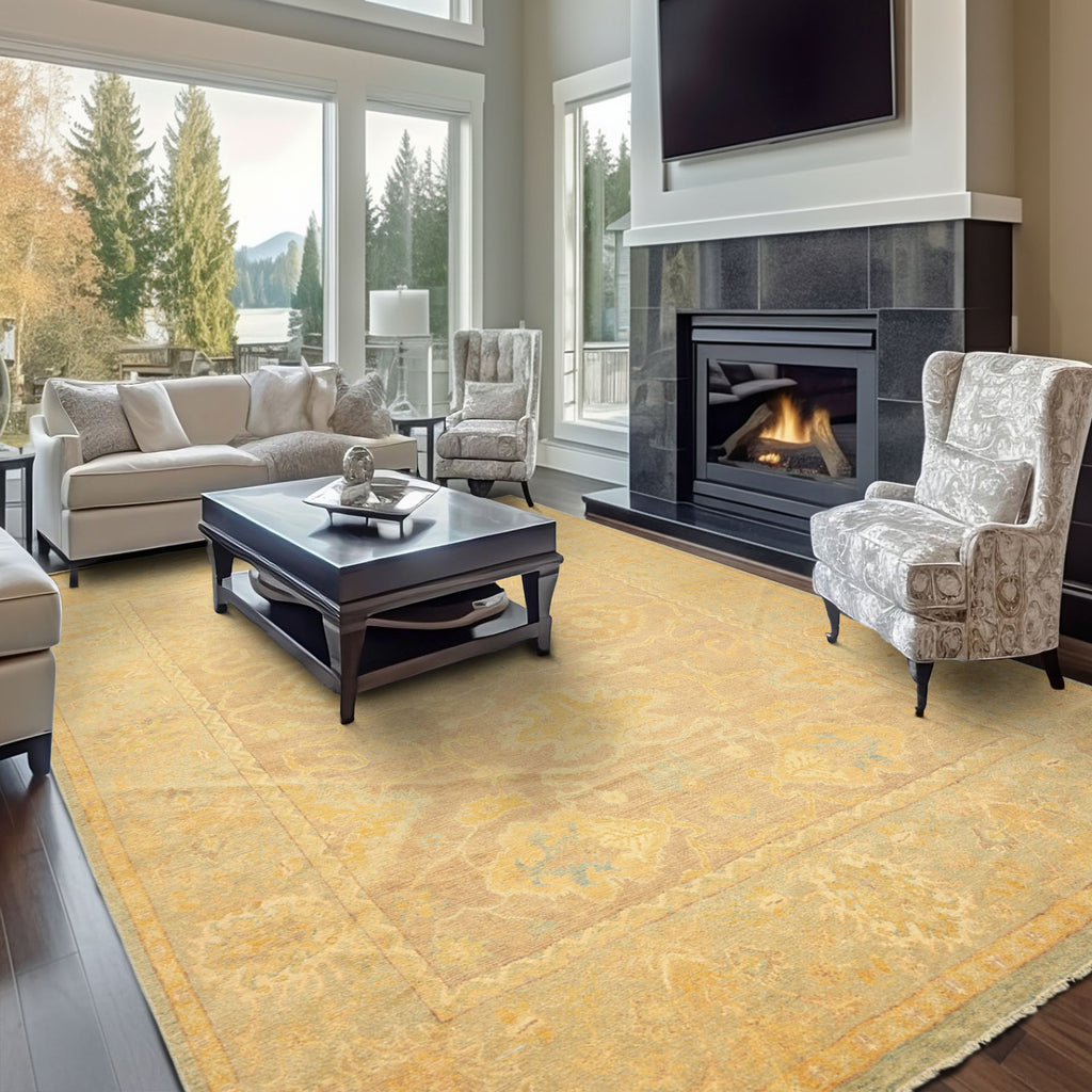 8x10 Taupe, Aqua, Gold Color Hand Knotted Oushak New Zealand Wool Transitional Oriental Rug