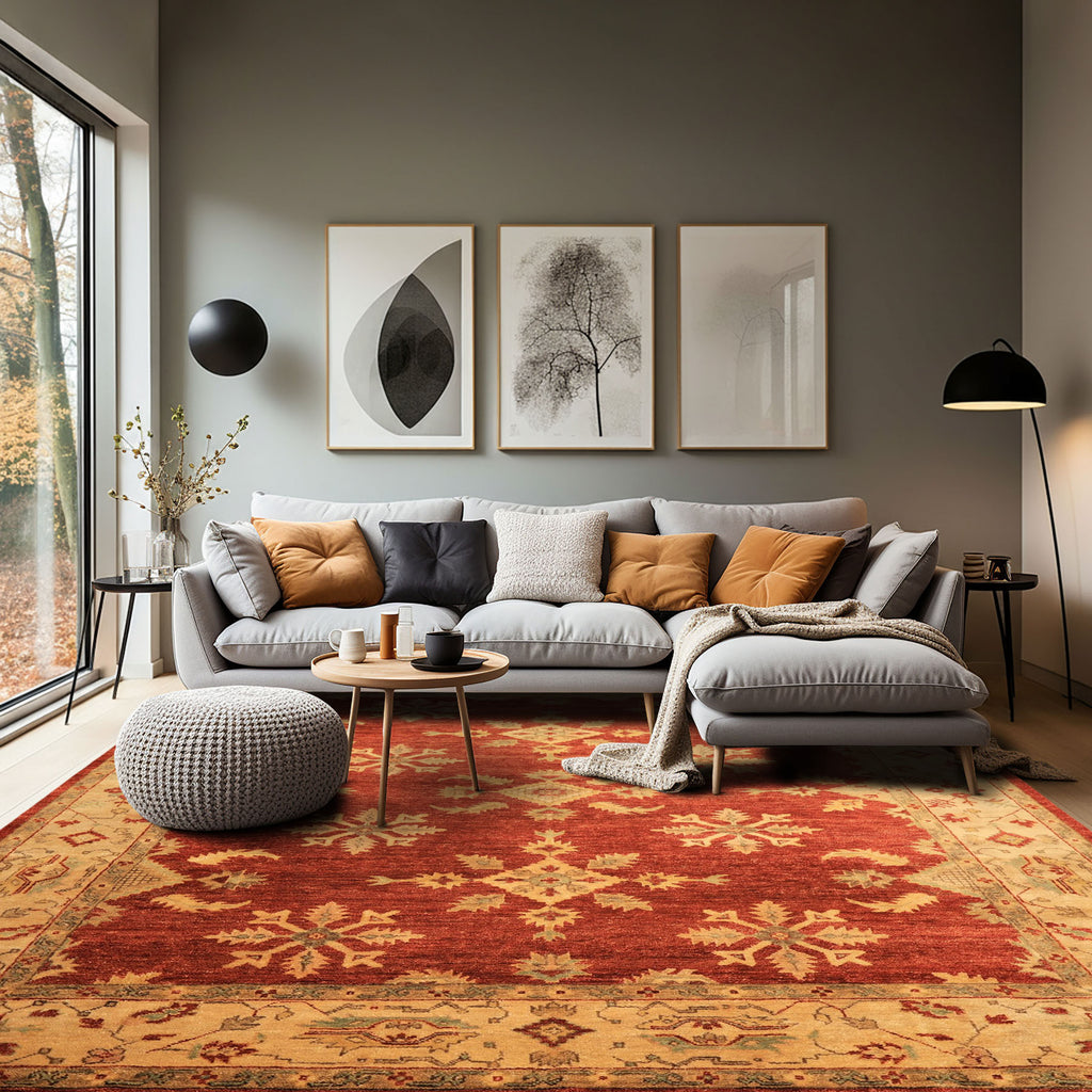 8x10 Burnt Orange, Beige, Light Gold Color Hand Knotted Oushak Wool Traditional Oriental Rug