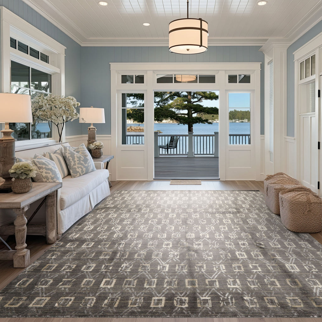 8x10 Tone on Tone Gray, , Color Hand Loomed Indo Tibetan Wool & Bamboo Silk Modern & Contemporay Oriental Rug