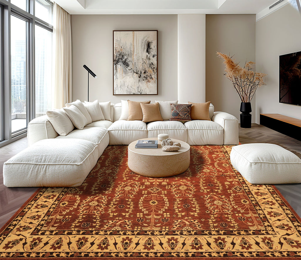 8x10 Rust, Beige, Light Gold Color Hand Knotted Agra Wool Traditional Oriental Rug