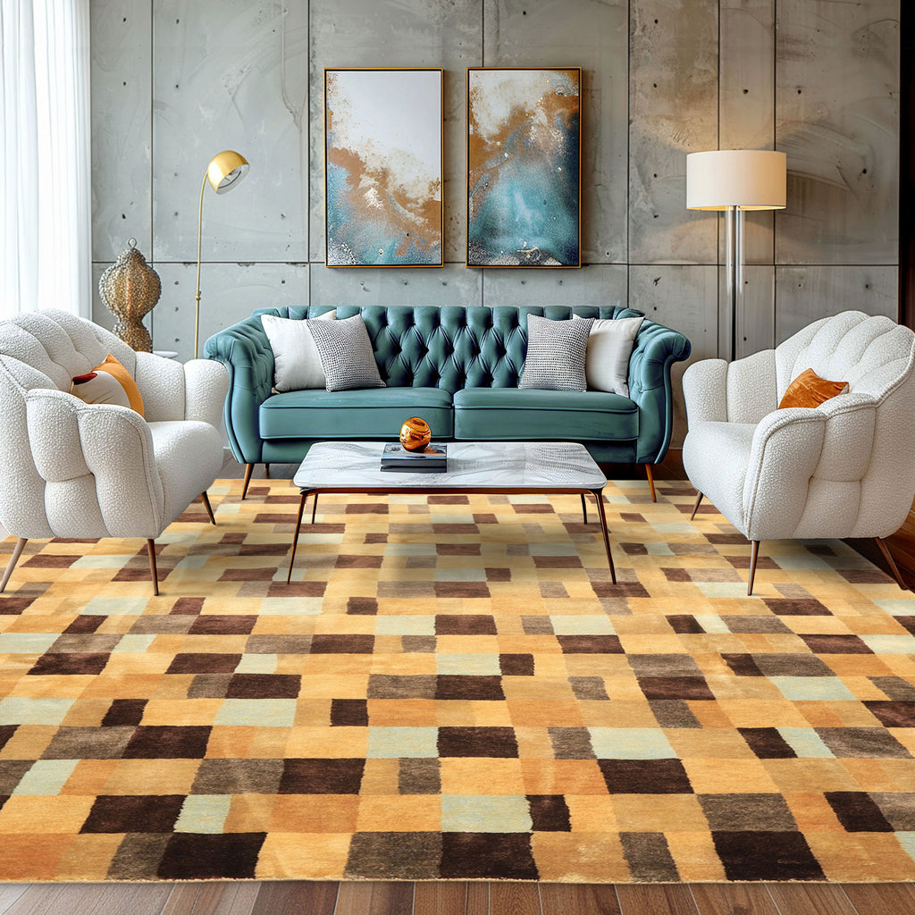 8x10 Gold, Chocolate, Aqua Color Hand Knotted Tibetan New Zealand Wool Modern & Contemporay Oriental Rug