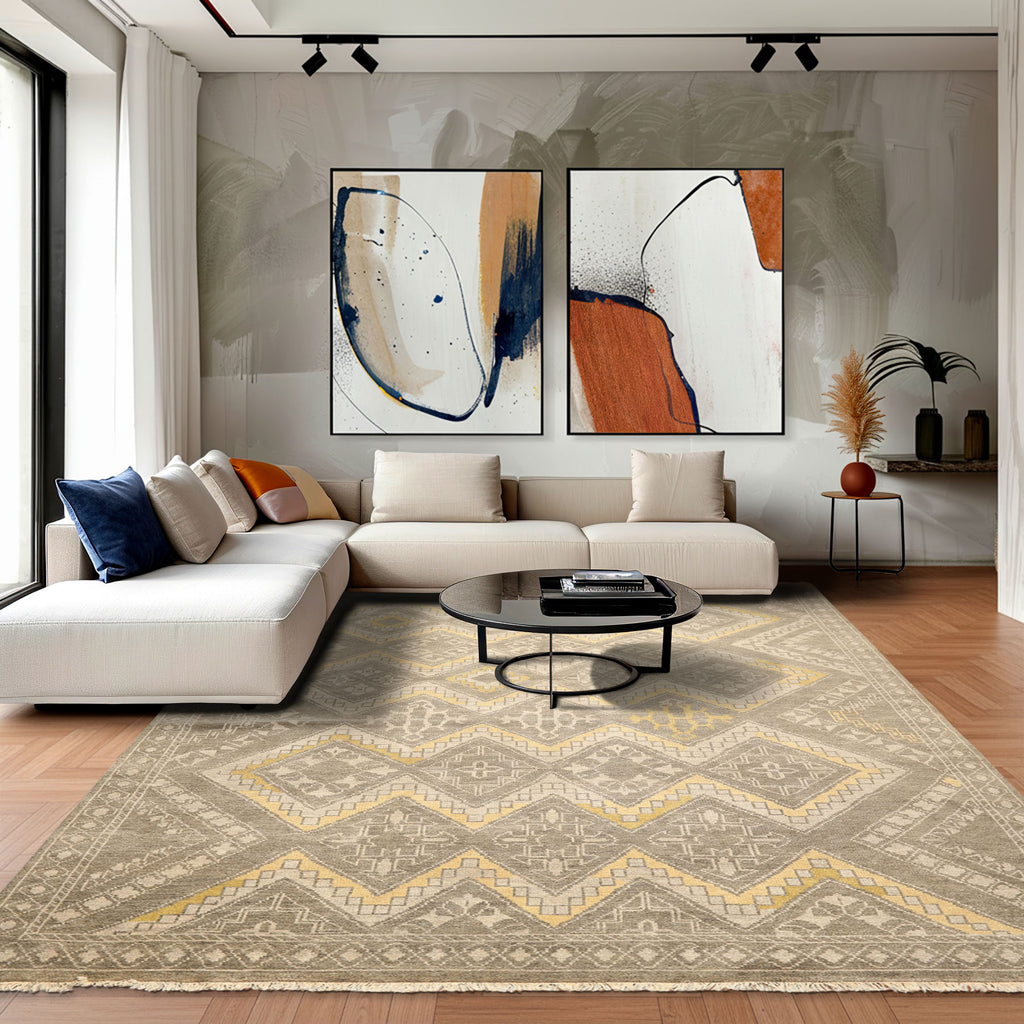 8x10 Mossy Gray, Gold, Muted earth tones Color Hand Knotted Oushak Wool Transitional Oriental Rug