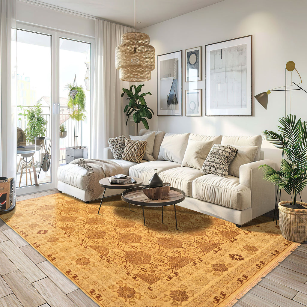 8x10 Gold, Rust, Tan Color Hand Knotted Oushak Wool Transitional Oriental Rug