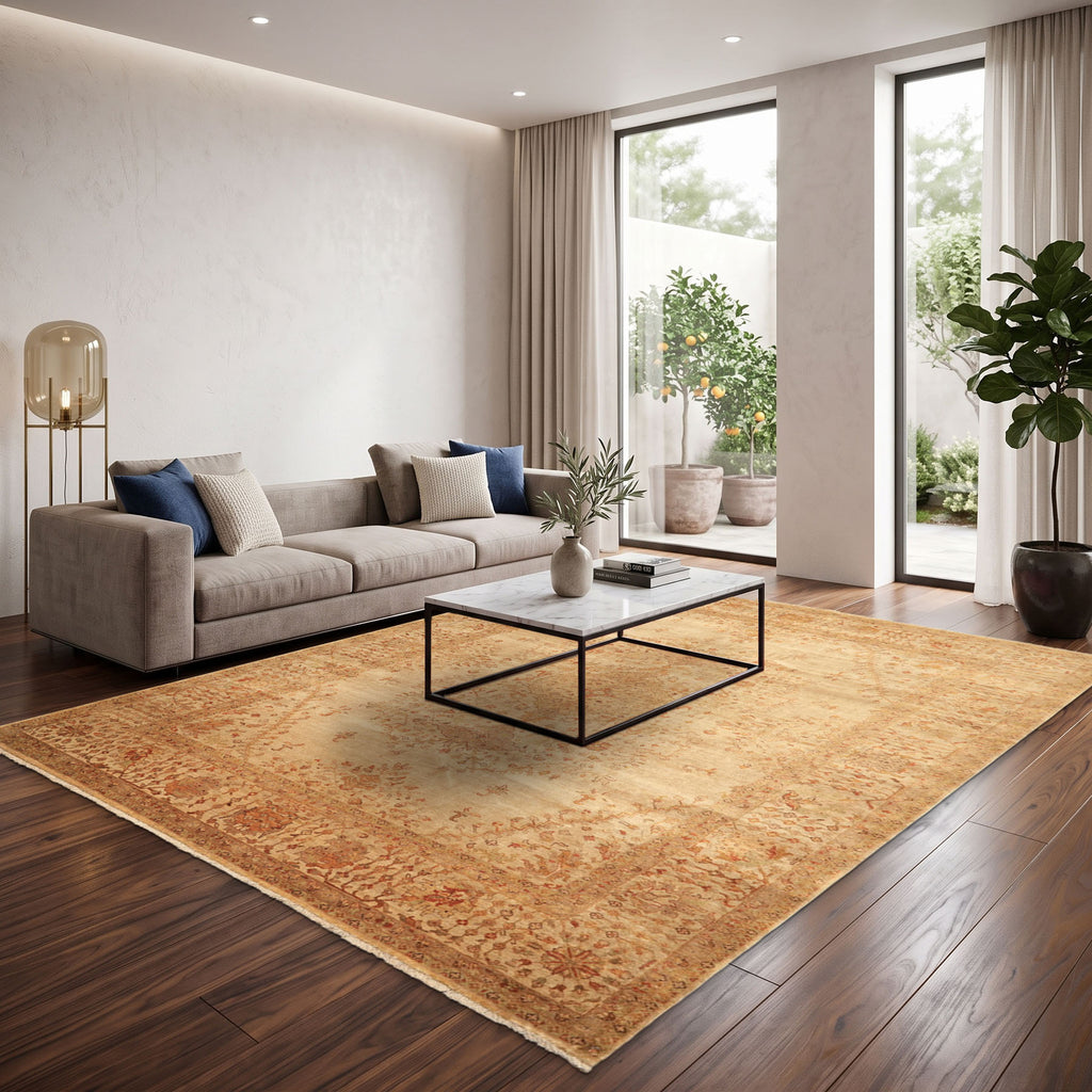 9x12 Beige, Tan, Gold Color Hand Knotted Agra Wool Traditional Oriental Rug