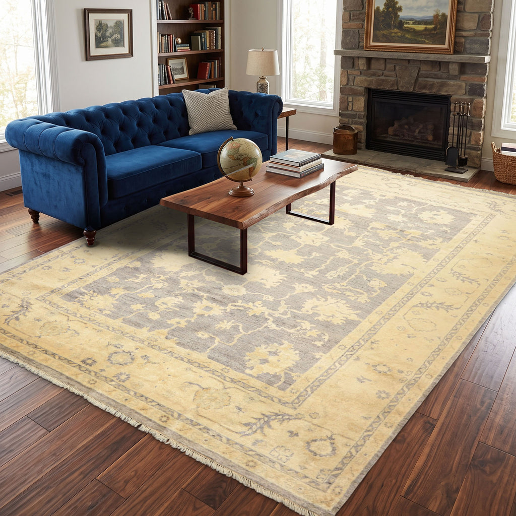 9x12 Gray, Ivory, Washed out Muted earth tones Color Hand Knotted Oushak New Zealand Wool Transitional Oriental Rug