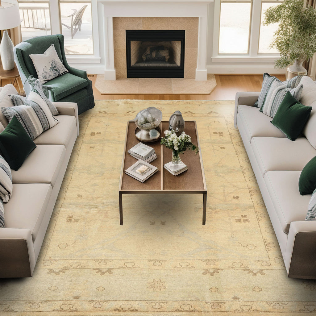 9x12 Beige, Celadon, Olive Color Hand Knotted Oushak Wool Transitional Oriental Rug
