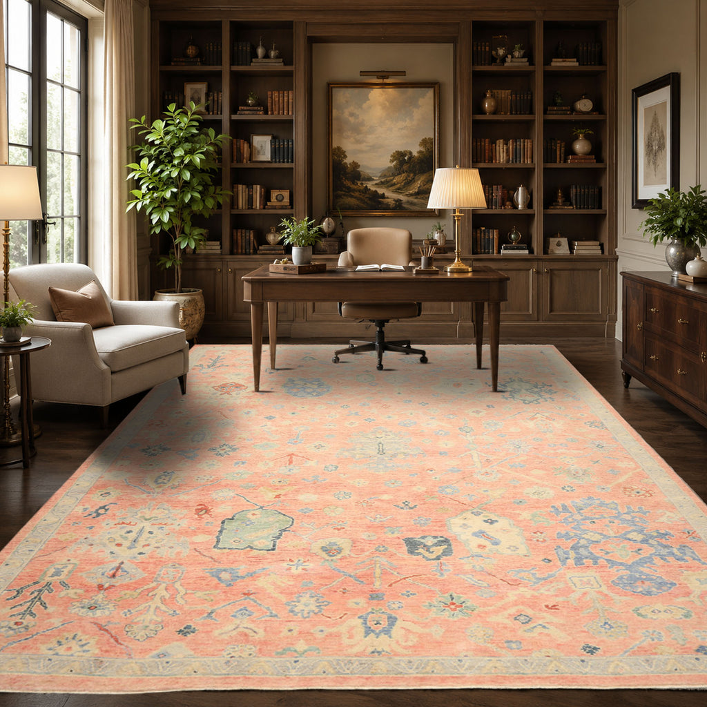 9x12 Blush, Blue, Mint Color Hand Knotted Oushak Wool Transitional Oriental Rug