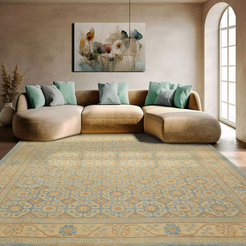 8x11 Beige, Aqua, Bown Color Hand Knotted Chobi Peshawar Wool Transitional Oriental Rug