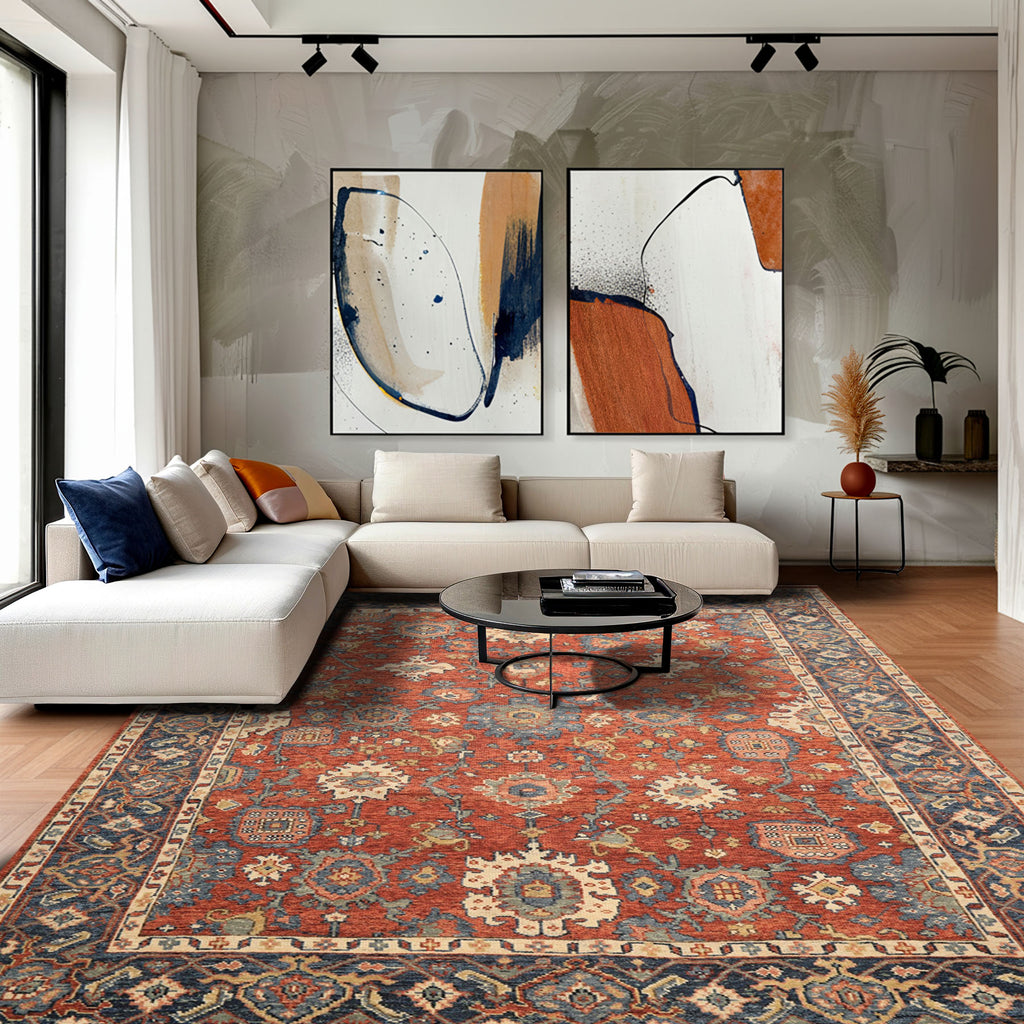 8x10 Rust, Navy, Ivory Color Hand Knotted Oushak Wool Traditional Oriental Rug
