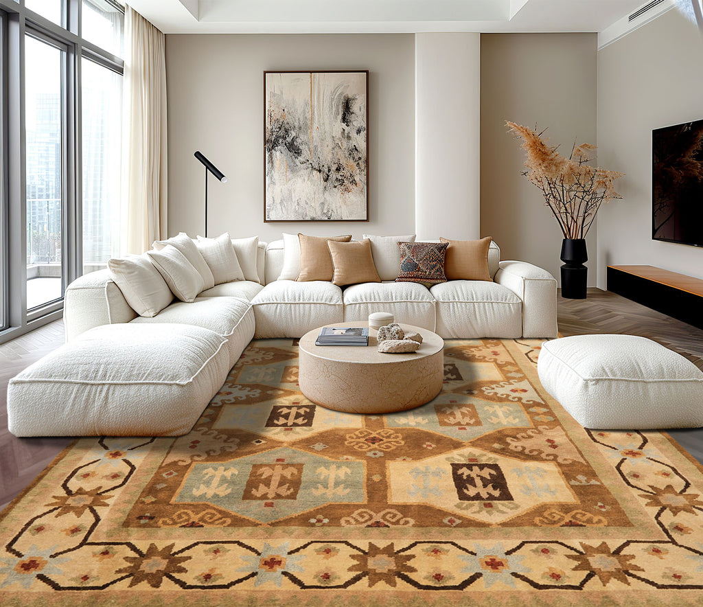 8x10 Beige, Gold, Sage Color Hand Knotted Tibetan Wool Modern & Contemporary Oriental Rug