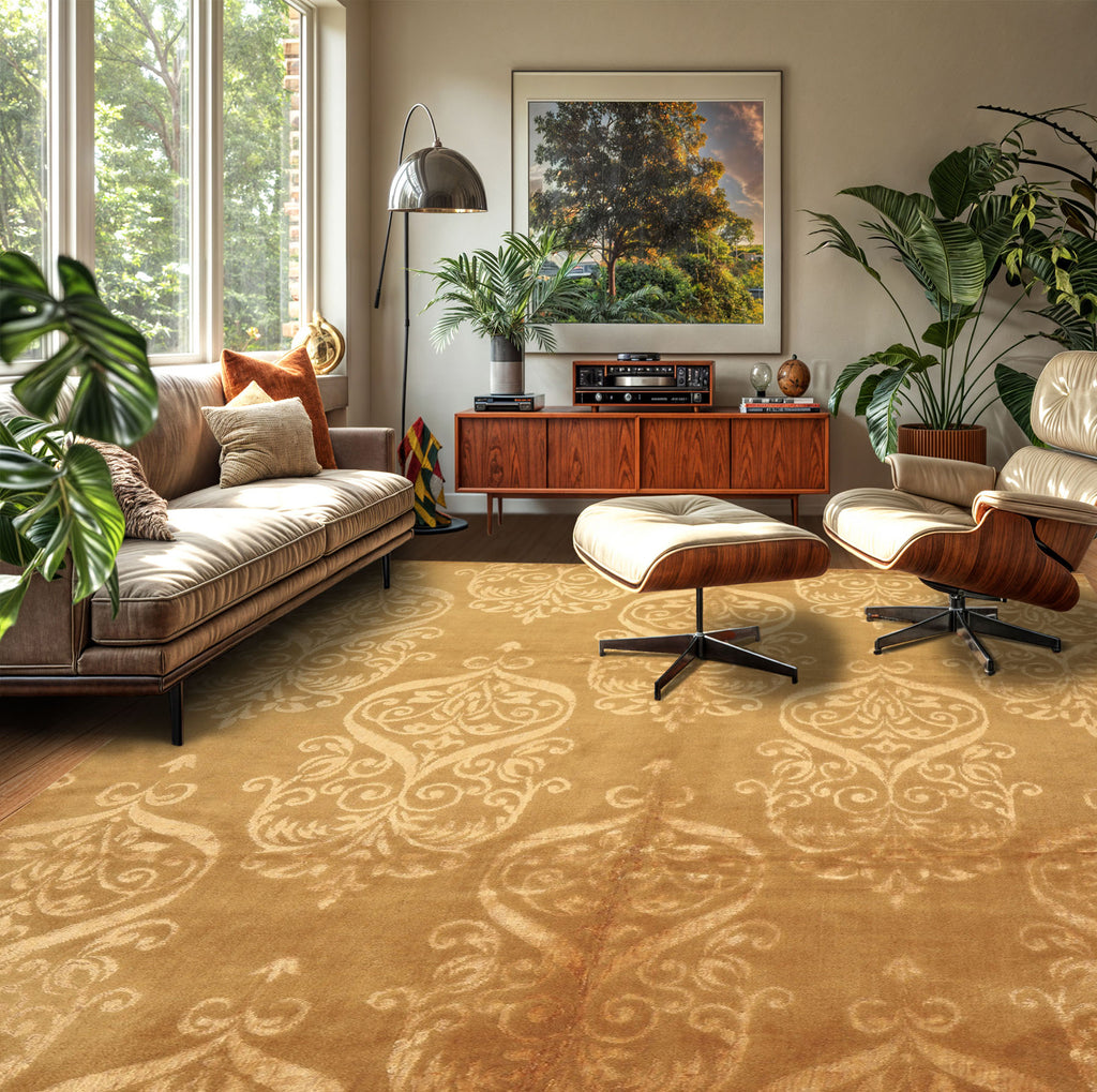 8x10 Tone on Tone Gold, , Color Hand Knotted Tibetan Wool & Bamboo Silk Transitional Oriental Rug