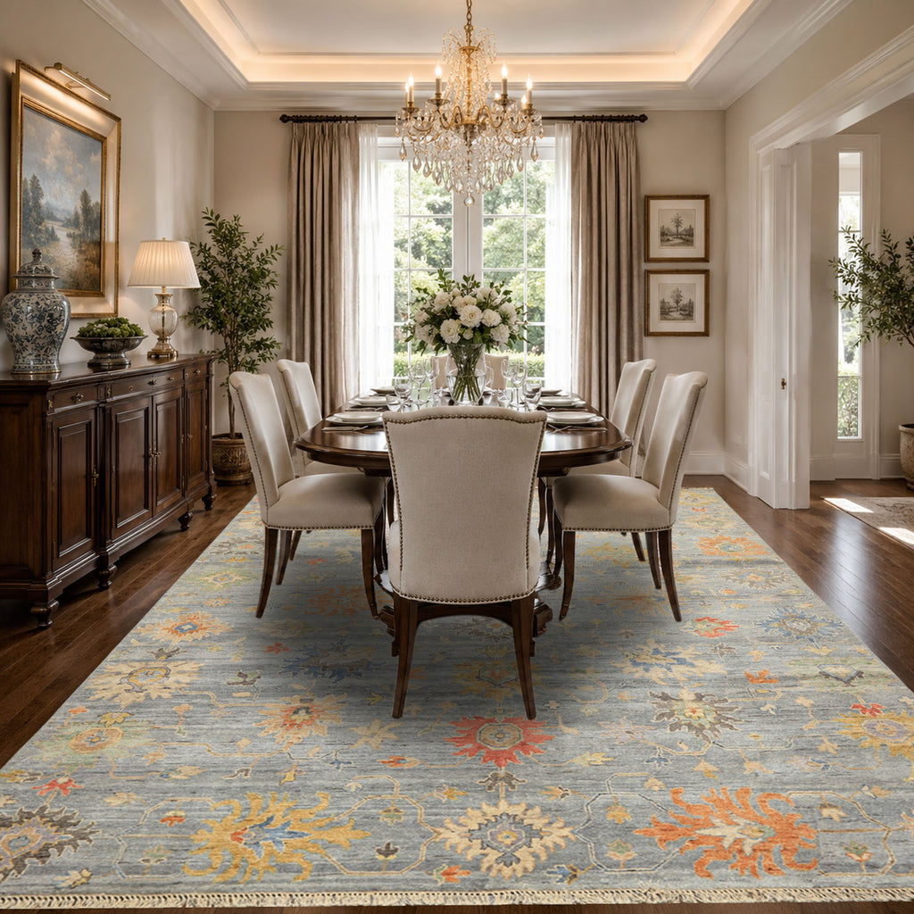 8x10 Blue, Coral, Orange Color Hand Knotted Oushak Wool Transitional Oriental Rug
