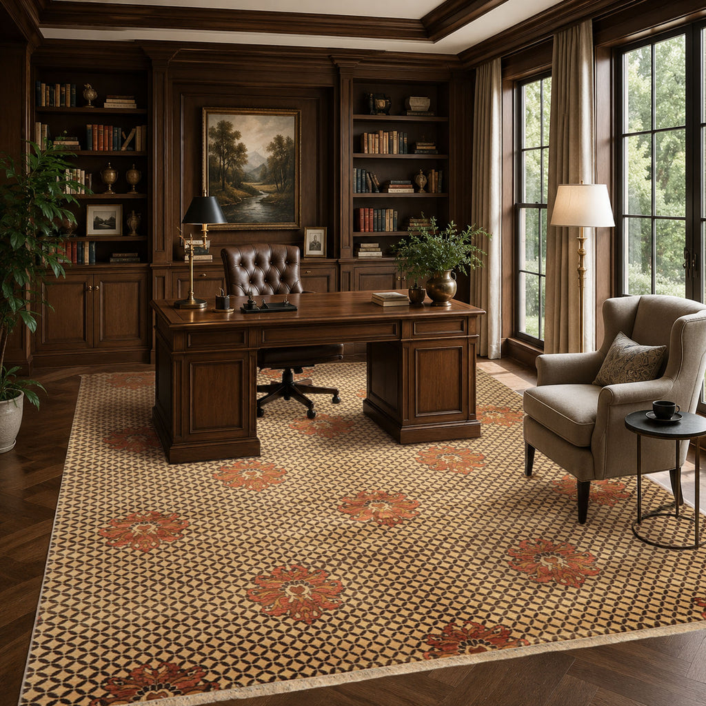 8x10 Beige, Brown, Burnt Orange Color Hand Knotted Agra Wool Transitional Oriental Rug