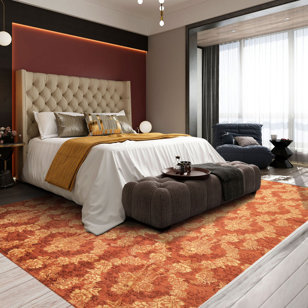 9x12 Rust, Gold, Color Hand Loomed Tibetan Wool & Bamboo Silk Transitional Oriental Rug