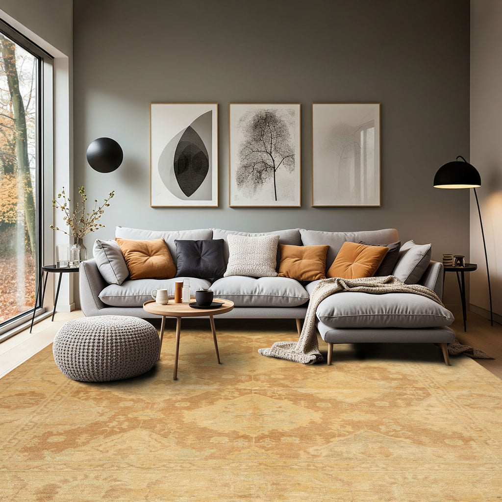 8x10 Tan, Beige, Celadon Color Hand Knotted Oushak New Zealand Wool Transitional Oriental Rug