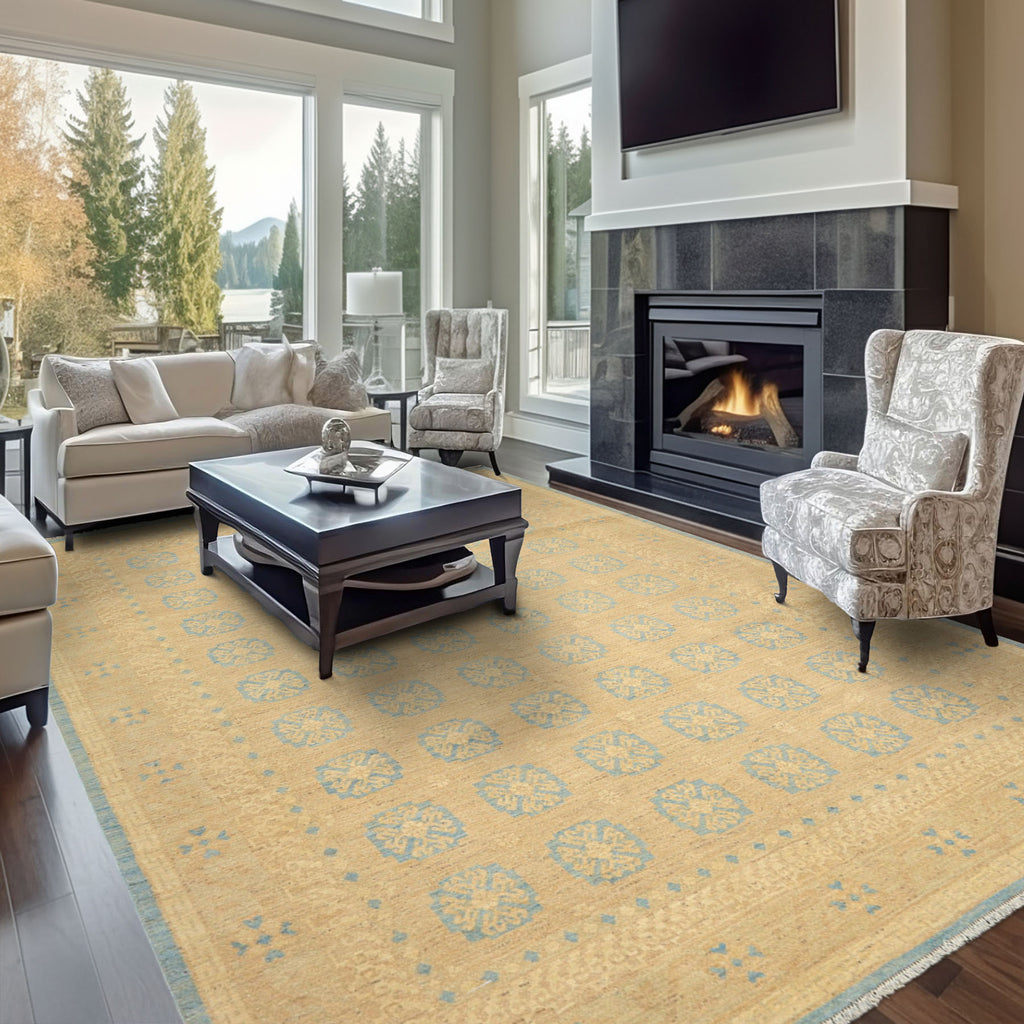 8x10 Beige, Tan, Aqua Color Hand Knotted Oushak Wool Transitional Oriental Rug