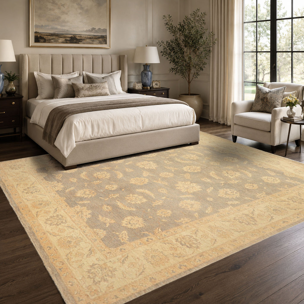 8x10 Gray, Ivory, Tan Color Hand Knotted Chobi Peshawar Wool Traditional Oriental Rug
