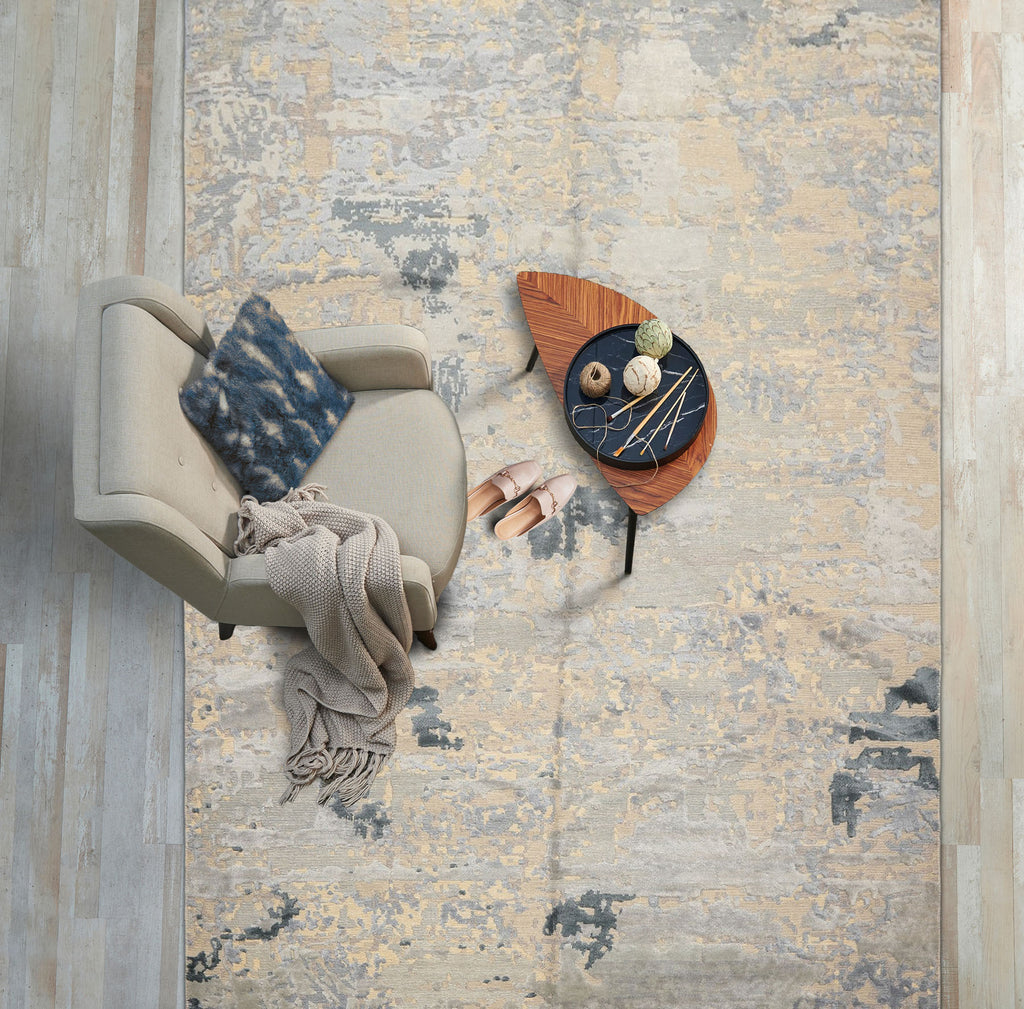 6x9 Beige, Gray, Blue Color Hand Knotted Sherpa Wool & Bamboo Silk Transitional Oriental Rug