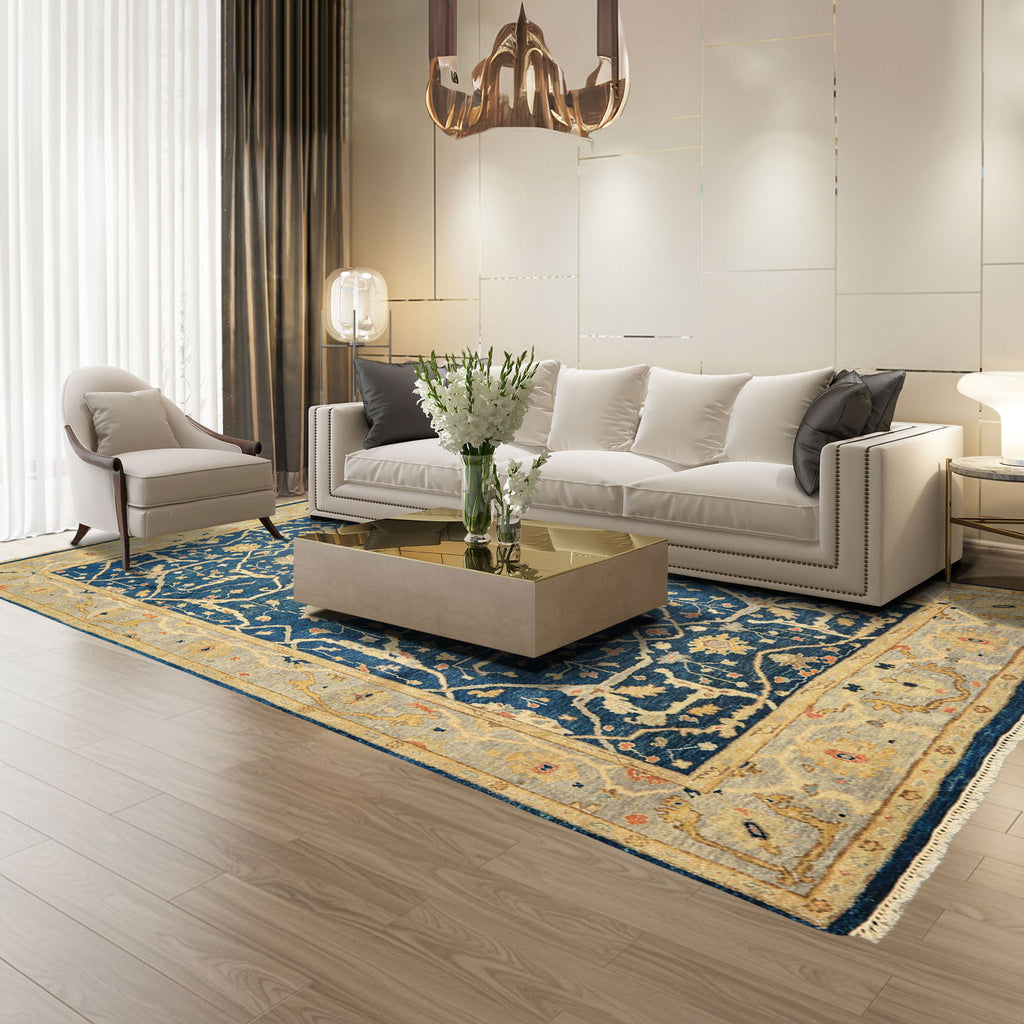 6x9 Navy, Slate, Beige Color Hand Knotted Oushak Wool Traditional Oriental Rug