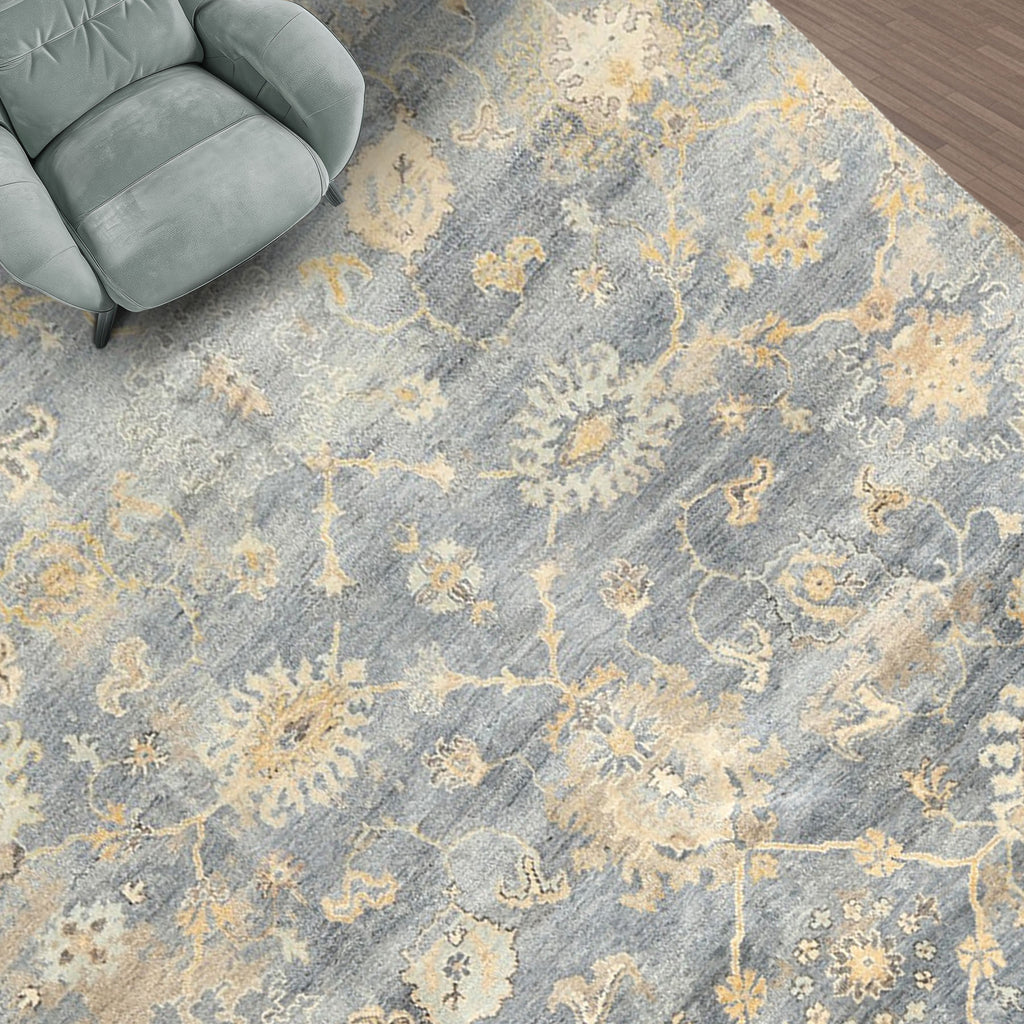 6x9 Slate, Blue, Beige Color Hand Knotted Oushak Wool Transitional Oriental Rug