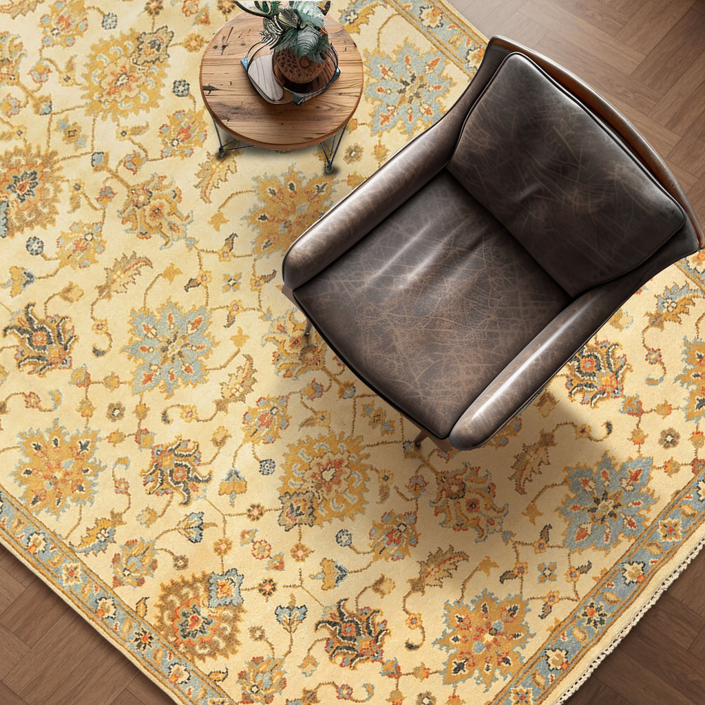 6x9 Beige, Aqua, Gold Color Hand Knotted Oushak Wool Traditional Oriental Rug