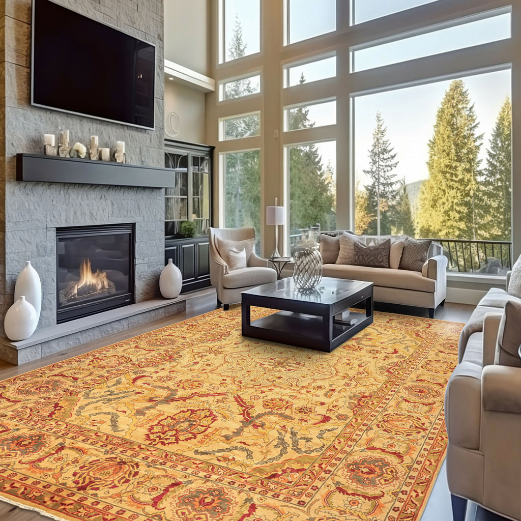 10x14 Beige, Lime, Peach Color Hand Knotted Oushak Wool Traditional Oriental Rug