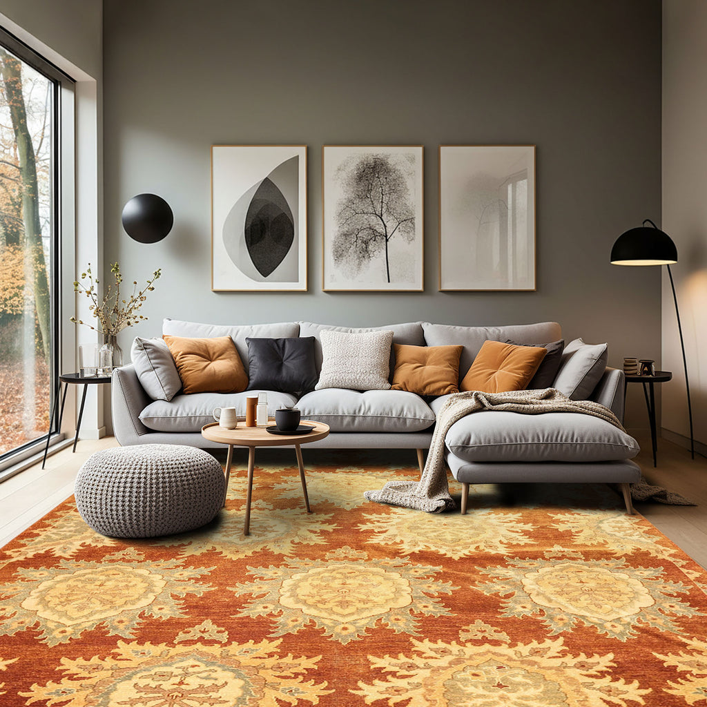 8x10 Caramel, Beige, Celadon Color Hand Knotted Oushak Wool Transitional Oriental Rug