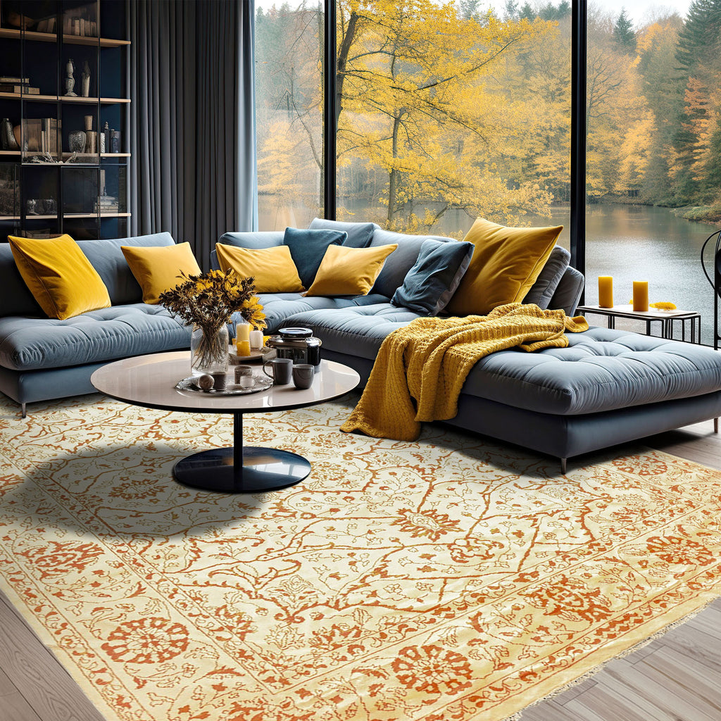 8x11 Ivory, Orange, Color Hand Knotted Pak Persian Wool Transitional Oriental Rug