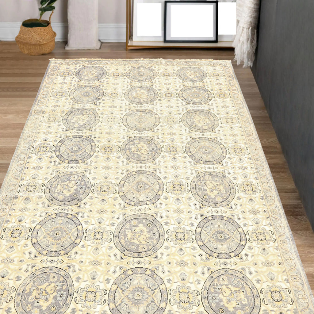 6x9 Ivory, Slate, Blue Color Hand Knotted Oushak Wool Transitional Oriental Rug