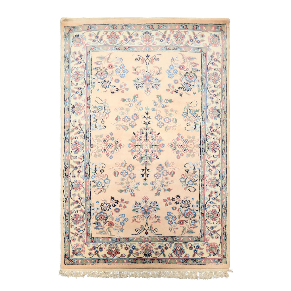 4x6 Blush, Ivory, Black Color Hand Knotted Indo Sarouk Wool Traditional Oriental Rug