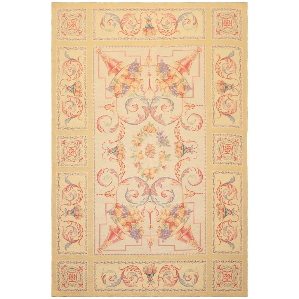 6x8 Beige, Rose, Lavender Color Hand Knotted French Aubusson Needlepoint Wool Traditional Oriental Rug