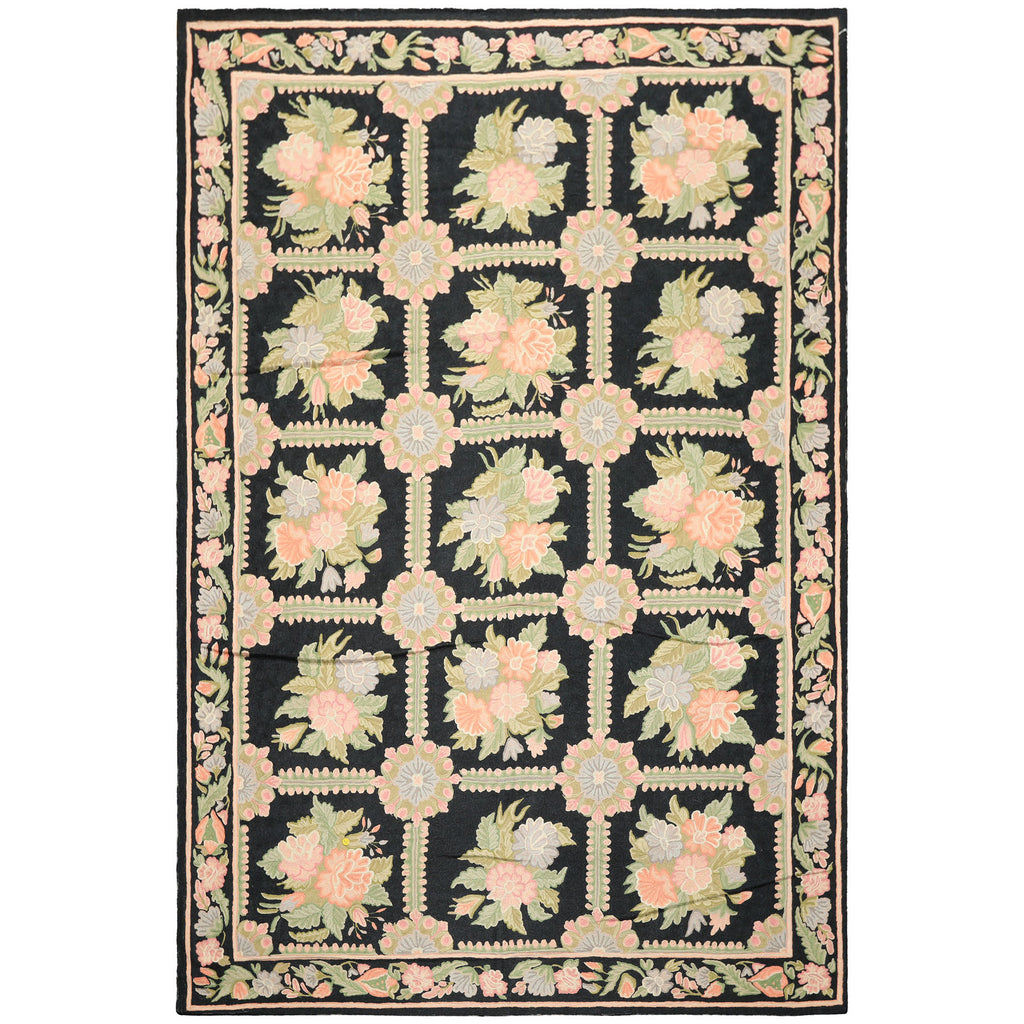 6x9 Charcoal, Green, Rose Color Hand Woven Chainstitch Wool Traditional Oriental Rug
