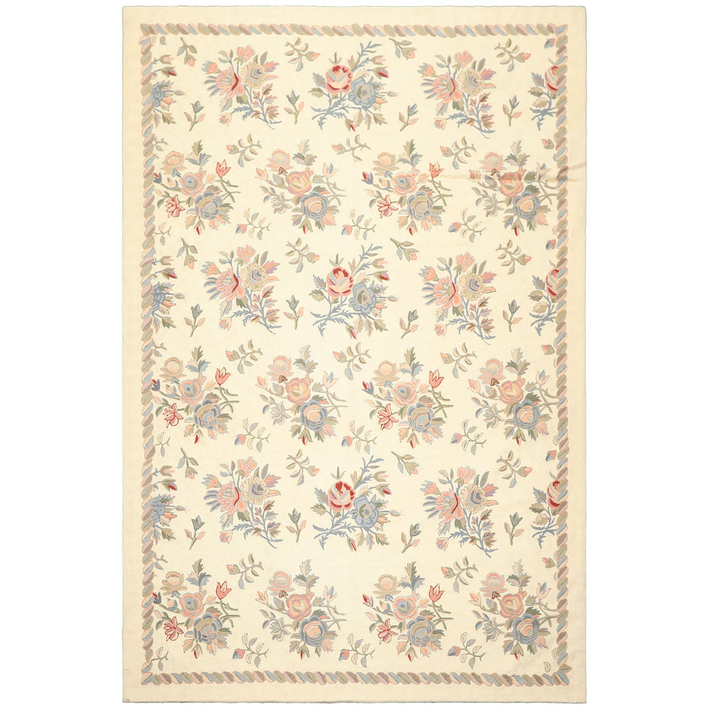 6x9 Ivory, Rose, Blue Color Hand Woven Chainstitch Wool Traditional Oriental Rug